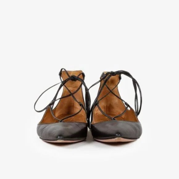 Aquazurra Christie Black Pointed Toe Leather Lace-Up Flats - Picture 2 of 10